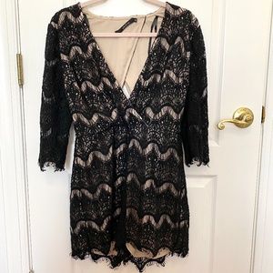 Francesca’s Black Lace Romper w/ Open Back